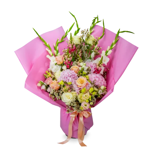 kytice hortenzií, růží a gladiol